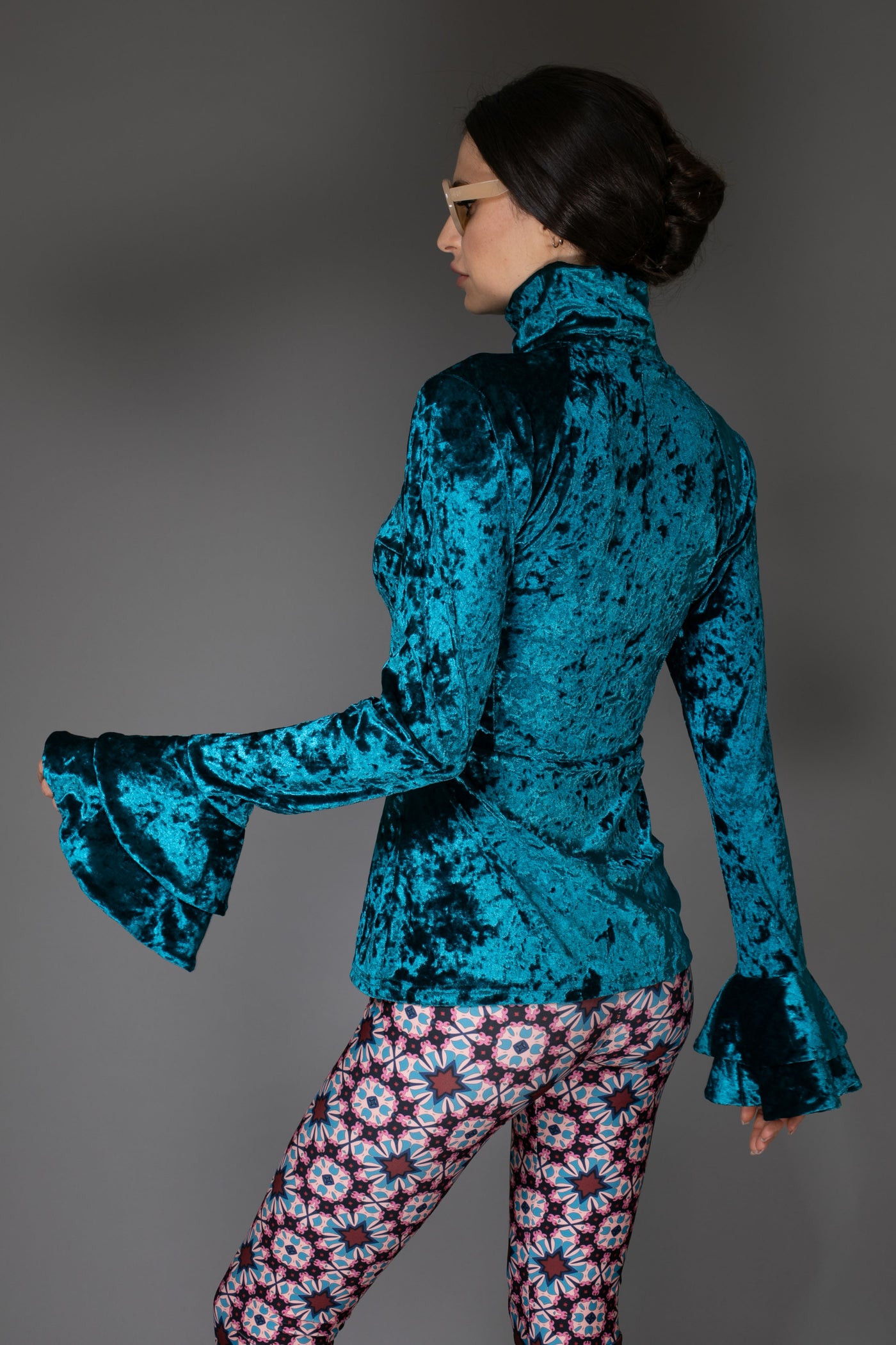 Blue Flare Ruffle Long-Sleeve Velvet Top