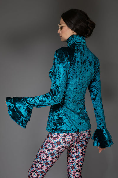 Blue Flare Ruffle Long-Sleeve Velvet Top