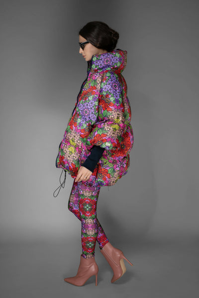Jacket - Floral Red Stand-up Collar Puffer