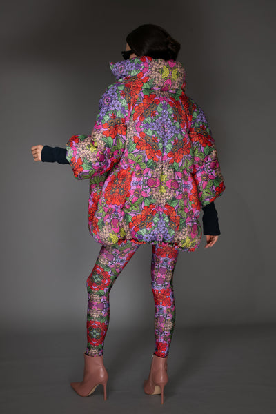 Jacket - Floral Red Stand-up Collar Puffer
