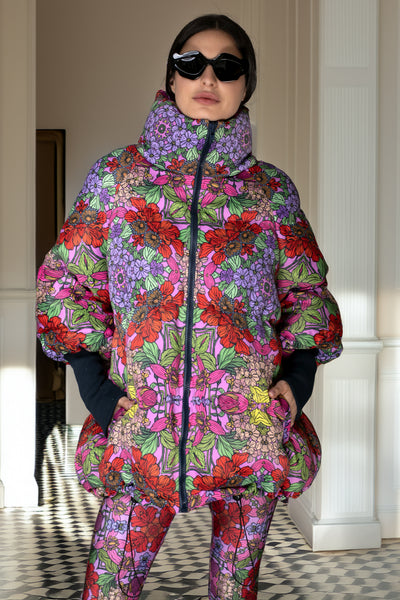 Jacket - Floral Red Stand-up Collar Puffer