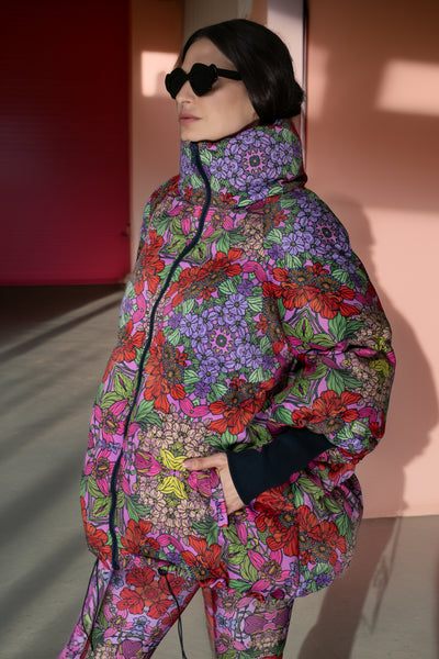Jacket - Floral Red Stand-up Collar Puffer