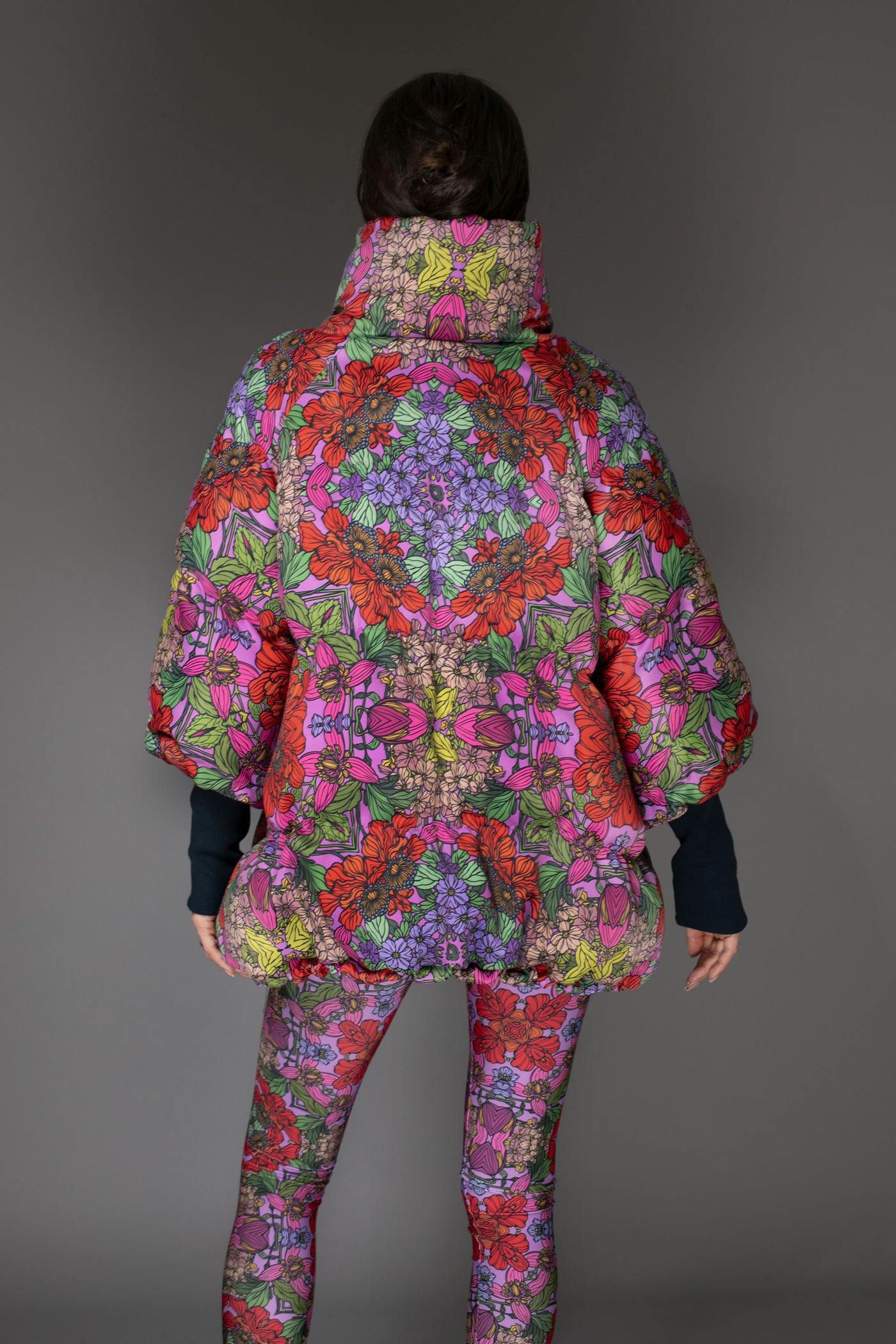 Jacket - Floral Red Stand-up Collar Puffer