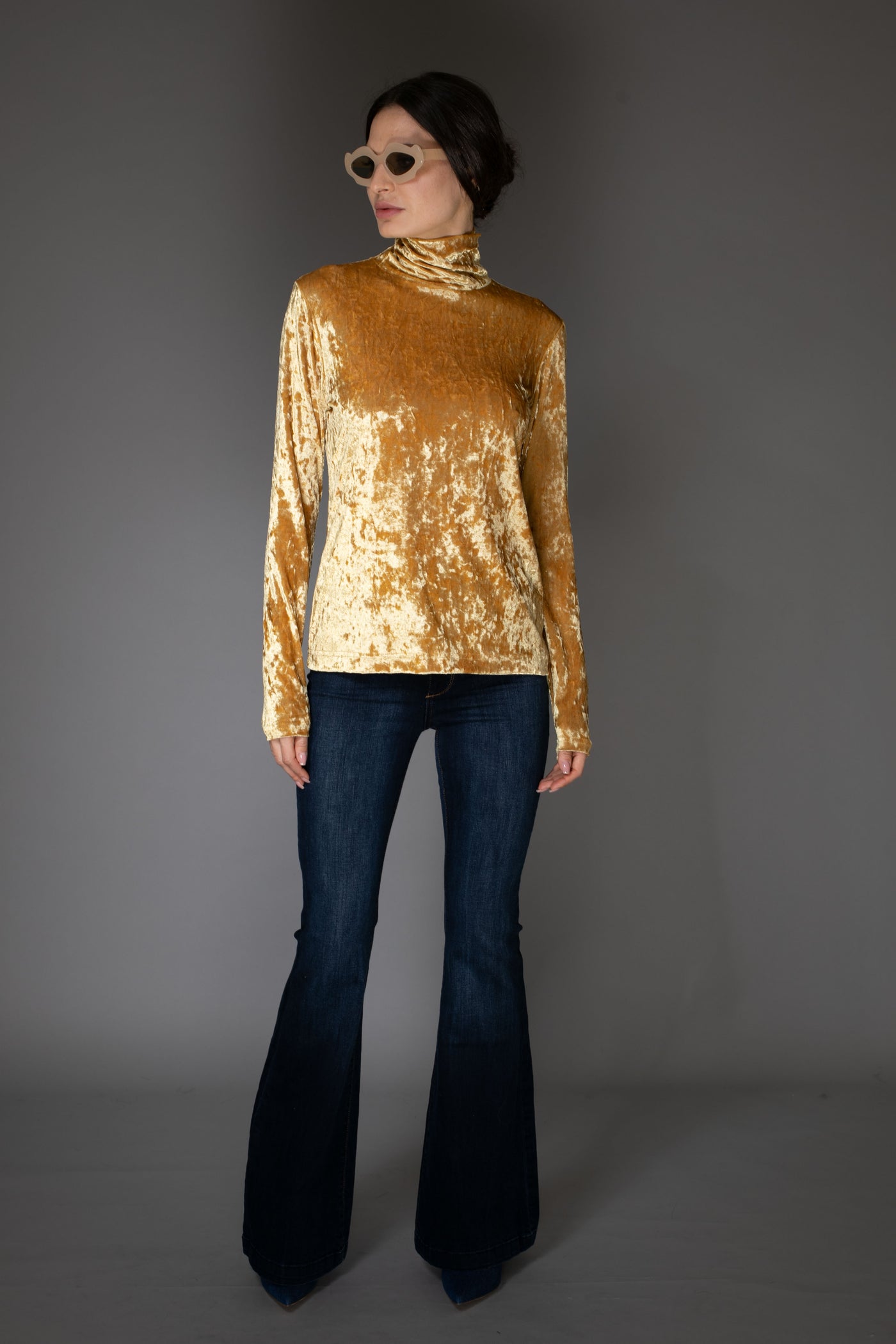 Gold Long-Sleeve Velvet Turtleneck