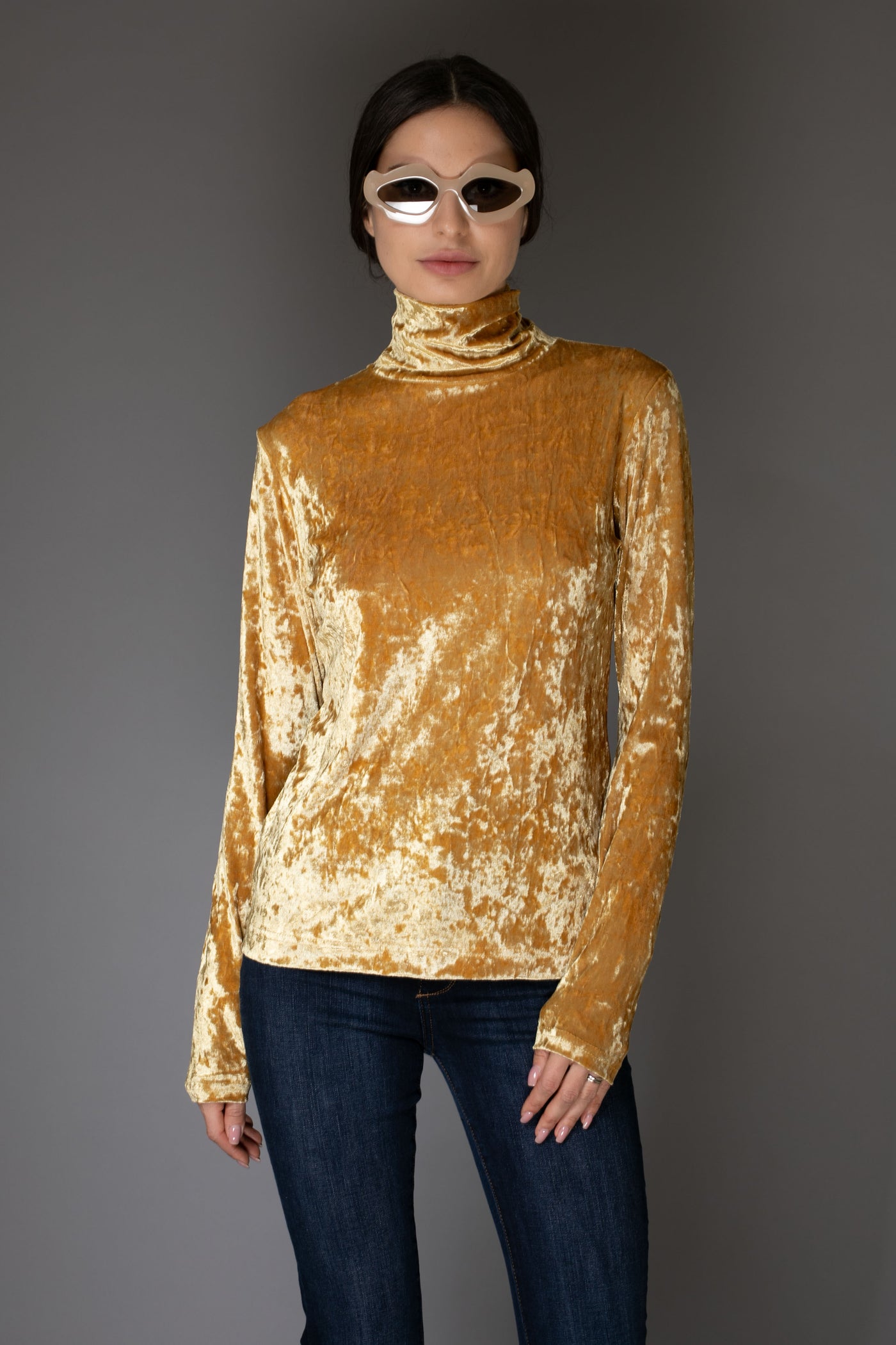 Gold Long-Sleeve Velvet Turtleneck
