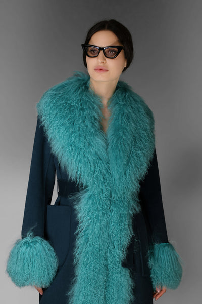 Turquoise w/ Mongolian Fur Collar Wool Cashmere Coat