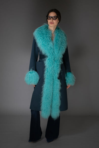 Turquoise w/ Mongolian Fur Collar Wool Cashmere Coat