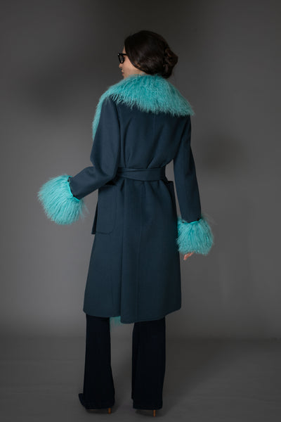 Turquoise w/ Mongolian Fur Collar Wool Cashmere Coat