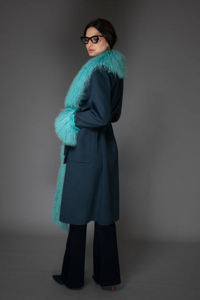 Turquoise w/ Mongolian Fur Collar Wool Cashmere Coat