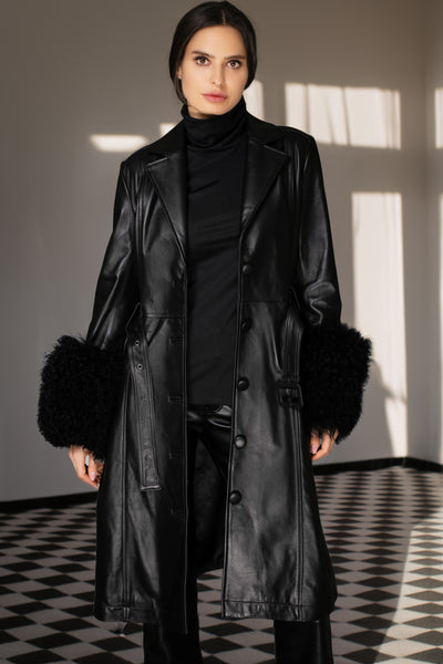 Black Italian Leather & Mongolian Accent Trench Coat