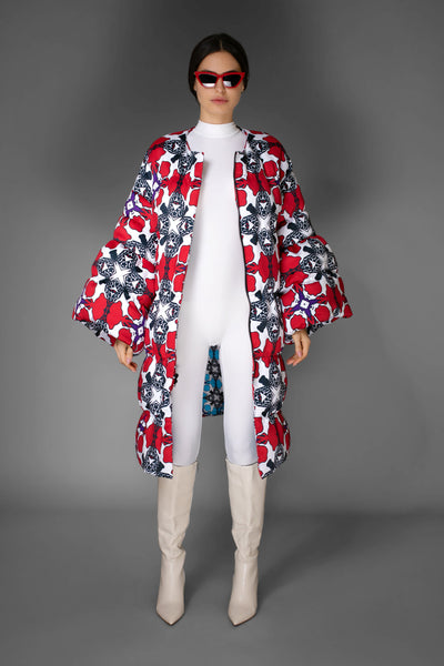 Floral Red & White Puff SleeveQuilted Maxi Puffer Coat