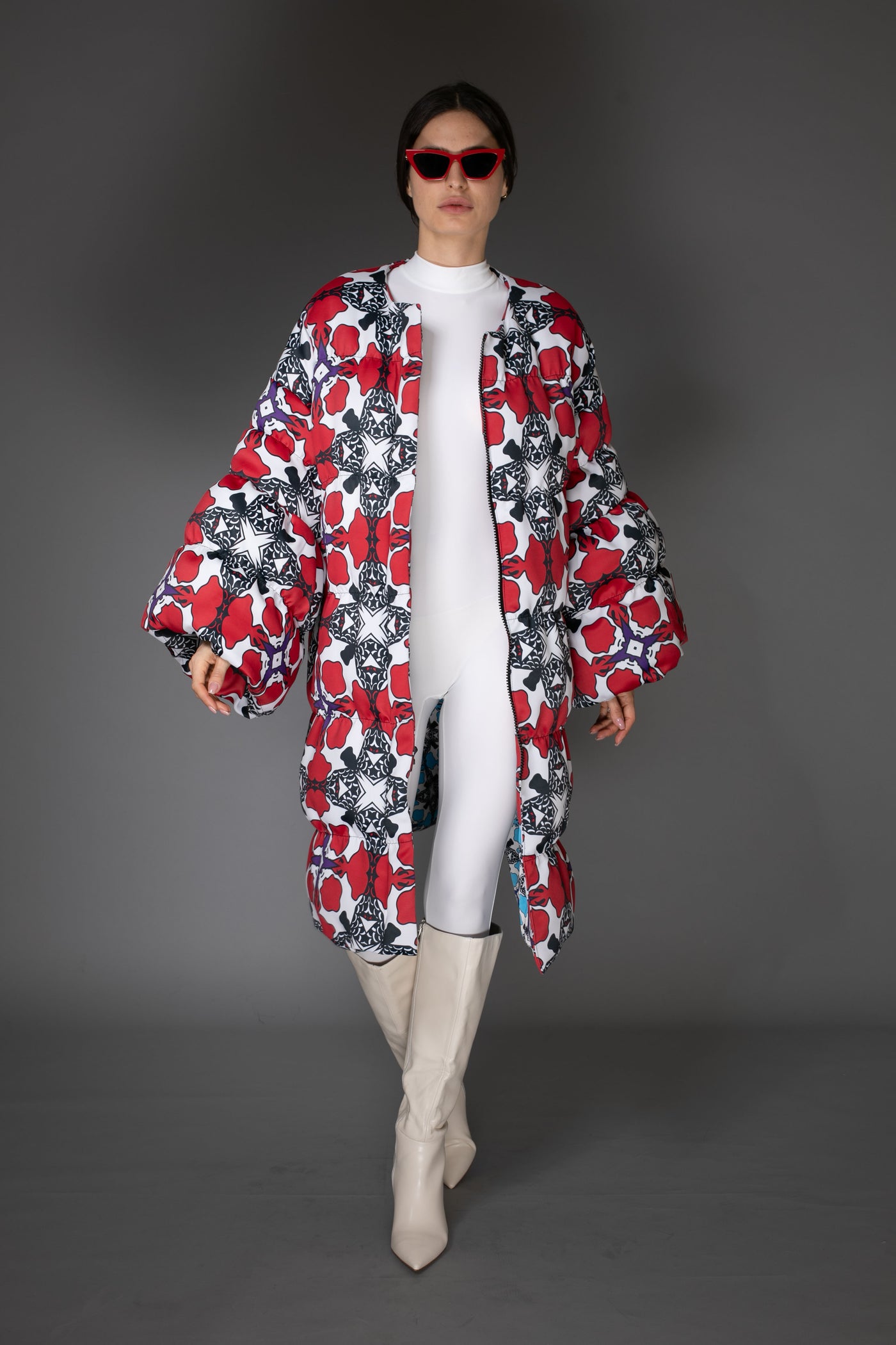 Floral Red & White Puff SleeveQuilted Maxi Puffer Coat
