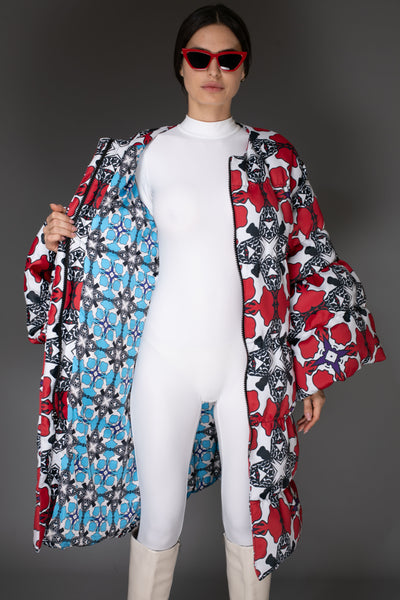 Floral Red & White Puff SleeveQuilted Maxi Puffer Coat
