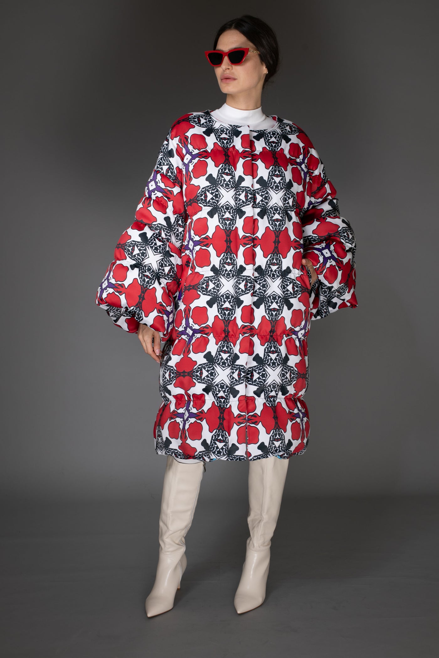 Floral Red & White Puff SleeveQuilted Maxi Puffer Coat