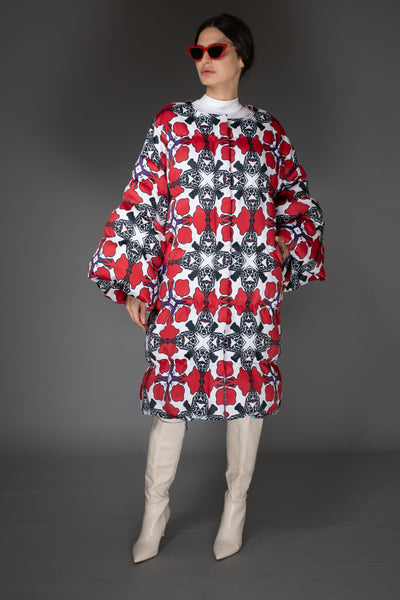Floral Red & White Puff SleeveQuilted Maxi Puffer Coat