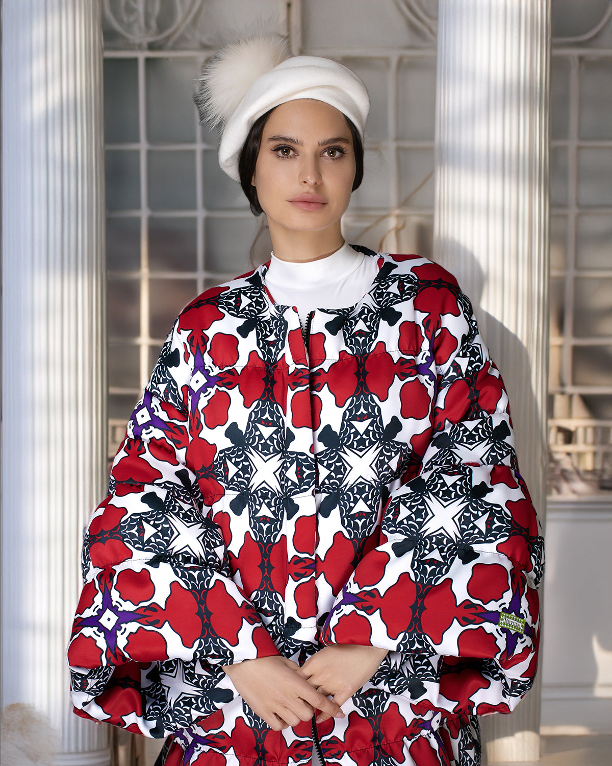 Floral Red & White Puff SleeveQuilted Maxi Puffer Coat