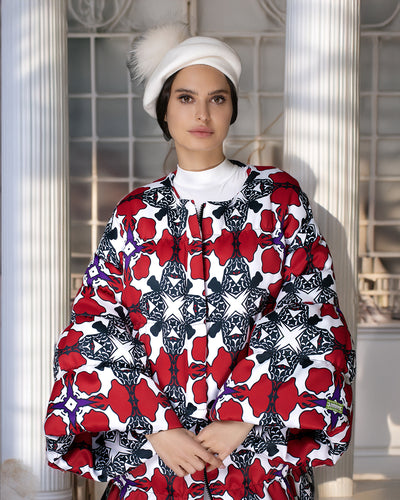 Floral Red & White Puff SleeveQuilted Maxi Puffer Coat