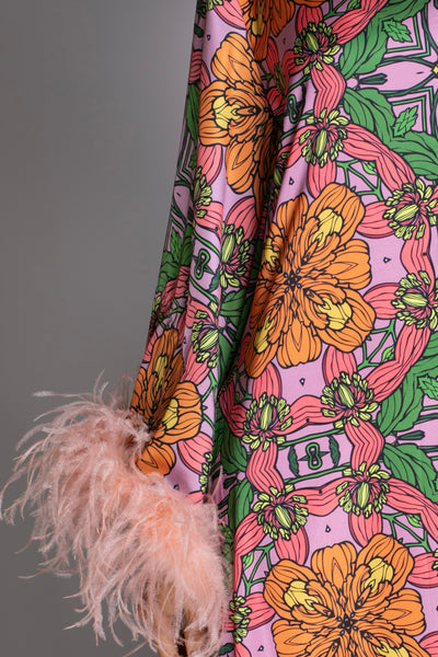 Floral High Low Gown Bell Sleeves Ostrich Feathers