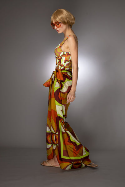 Gold Brown Abstract Print Silk Scarf Sarong