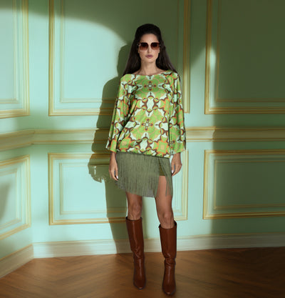 Abstract Print Green Fringe Dress