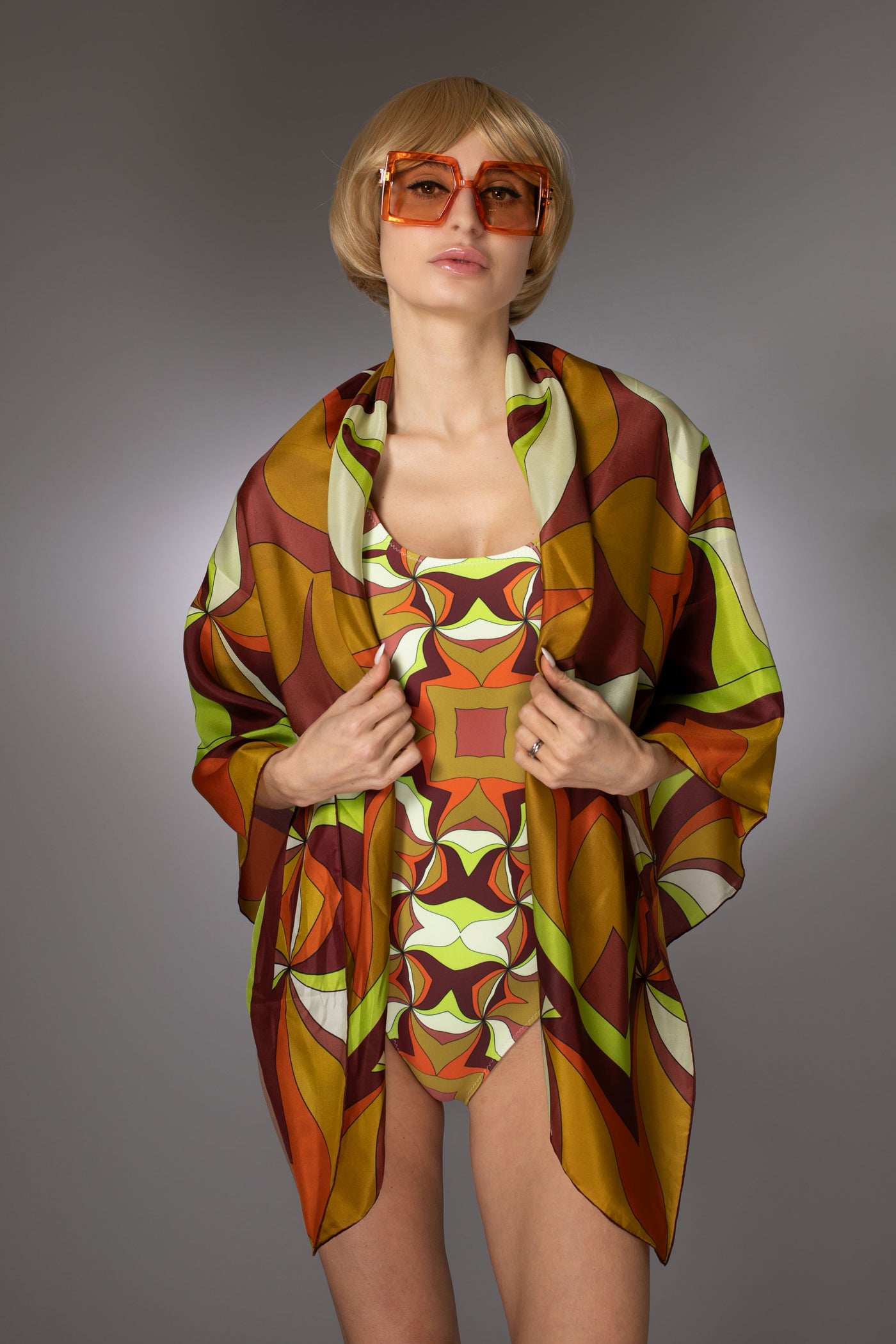 Gold Brown Abstract Print Silk Scarf Sarong