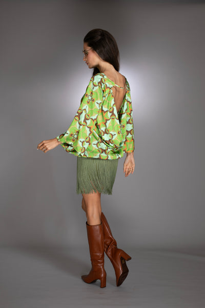 Abstract Print Green Fringe Dress
