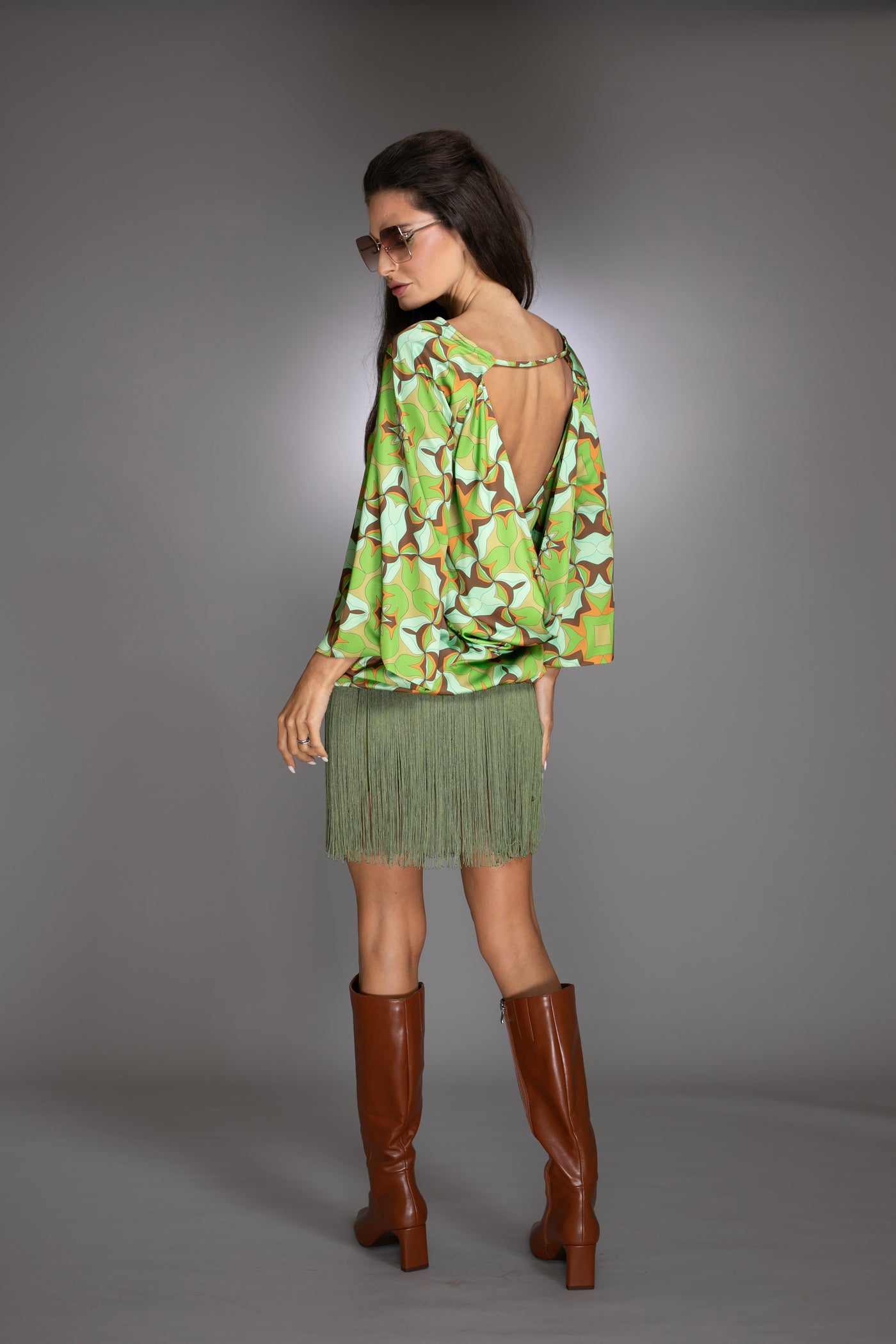Abstract Print Green Fringe Dress