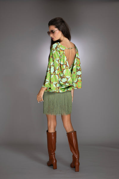 Abstract Print Green Fringe Dress