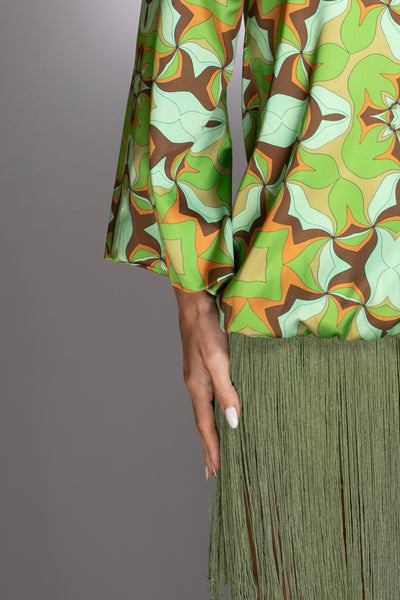 Abstract Print Green Fringe Dress