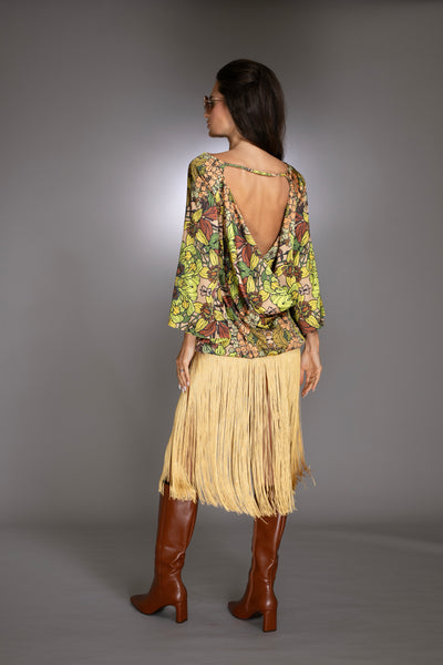 Golden Floral Print Fringe Dress