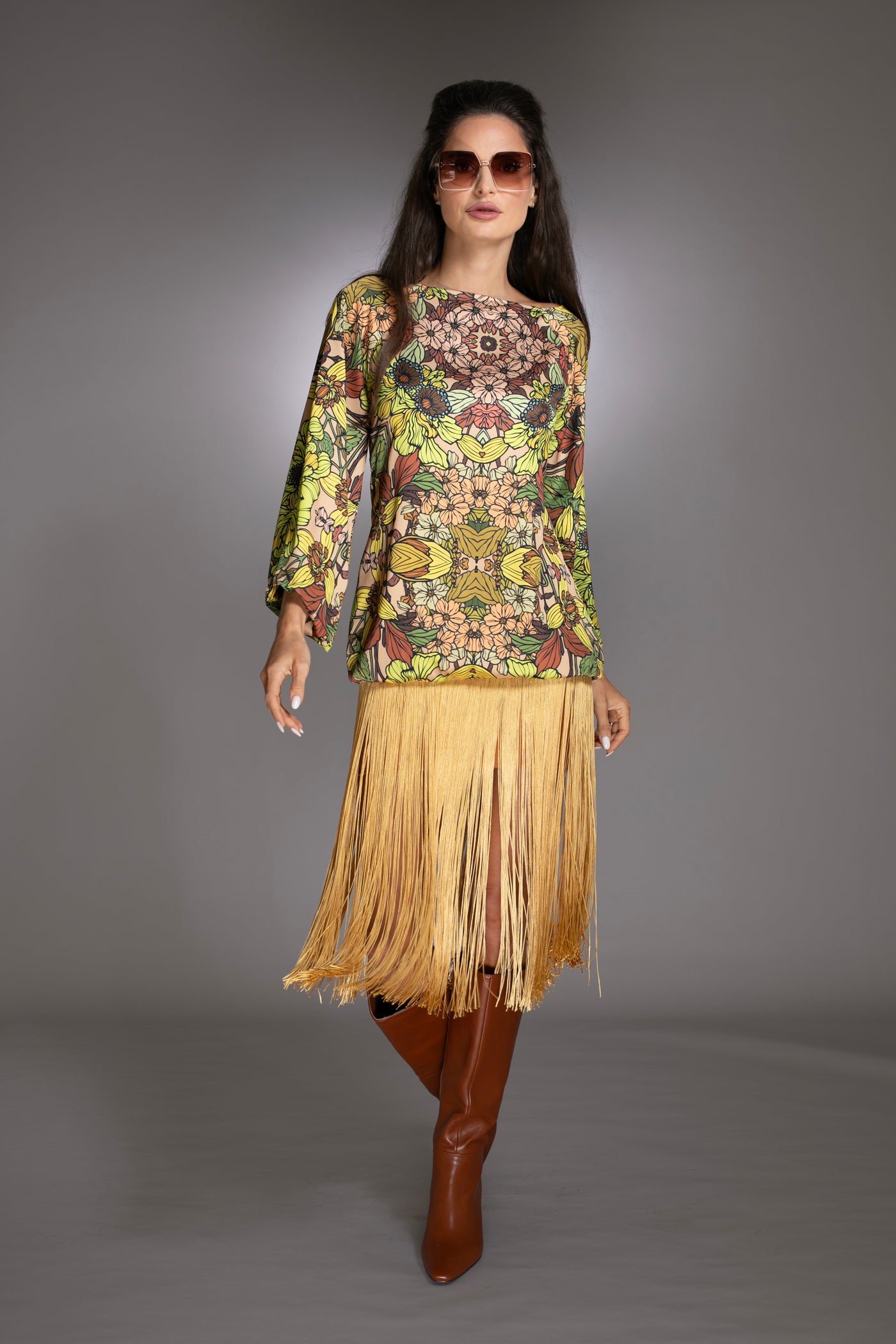 Golden Floral Print Fringe Dress