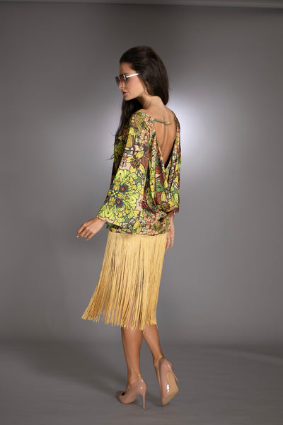 Golden Floral Print Fringe Dress
