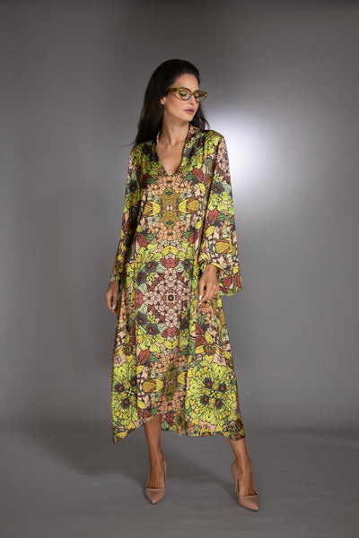 Gold Floral Print High Low Gown with Bell Sleeves