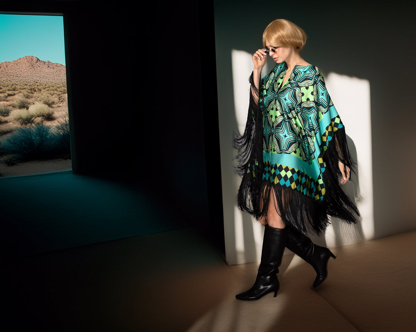 Stars Fringed Satin Short Kaftan Dress