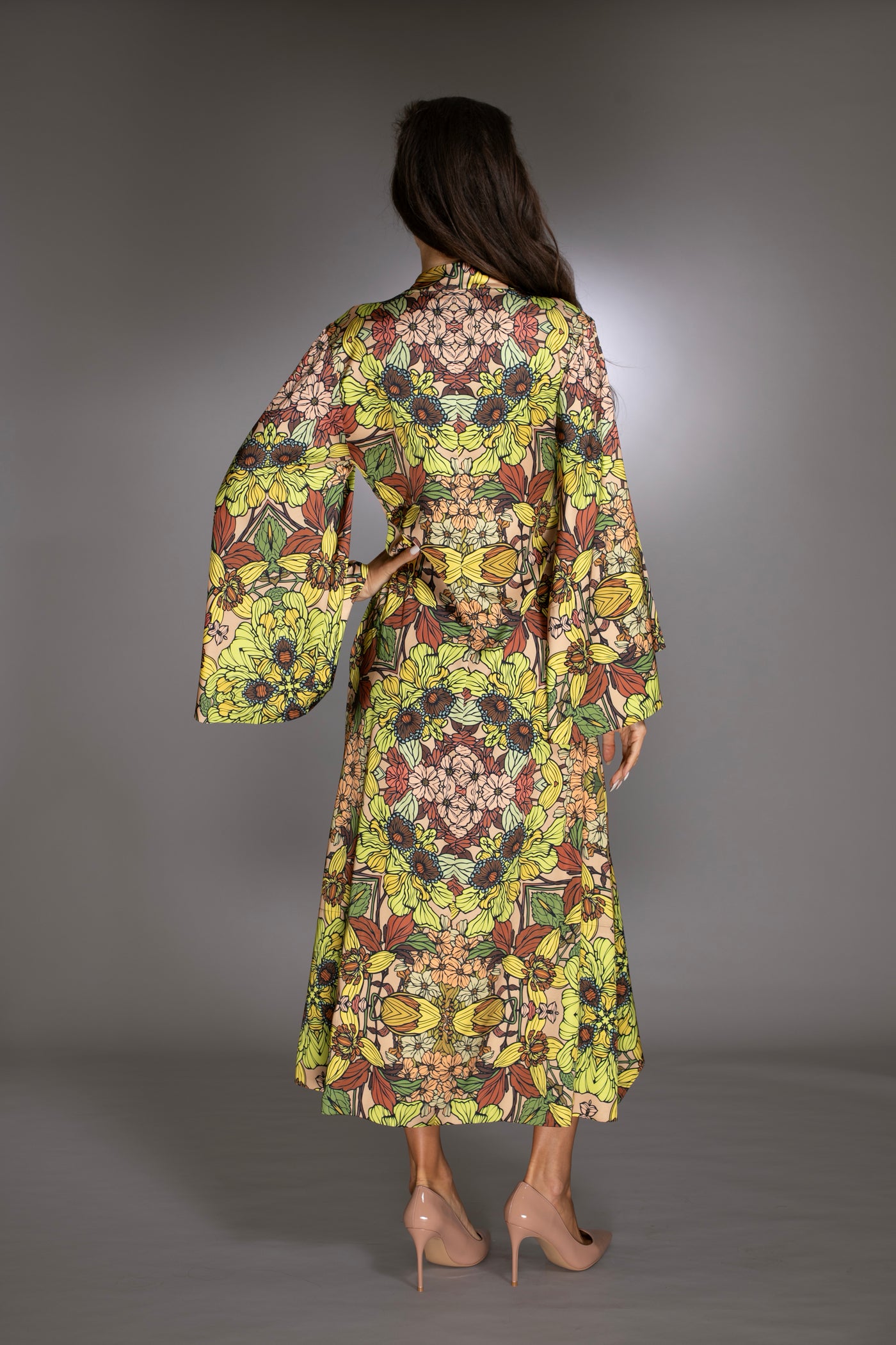 Gold Floral Print High Low Gown with Bell Sleeves