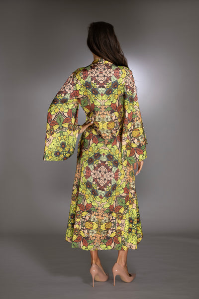 Gold Floral Print High Low Gown with Bell Sleeves