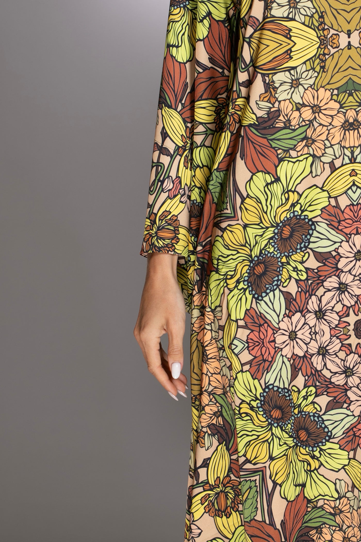 Gold Floral Print High Low Gown with Bell Sleeves