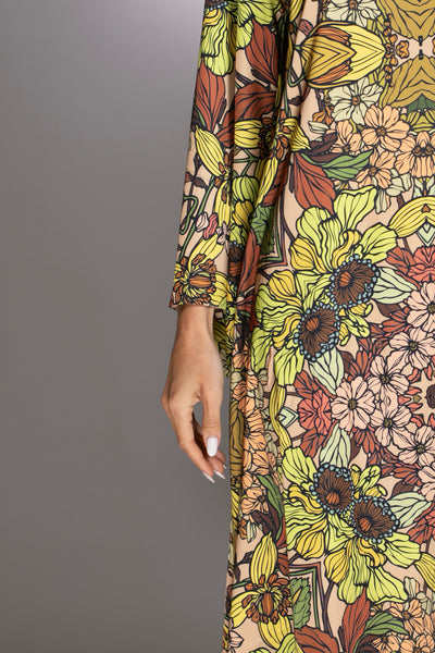 Gold Floral Print High Low Gown with Bell Sleeves