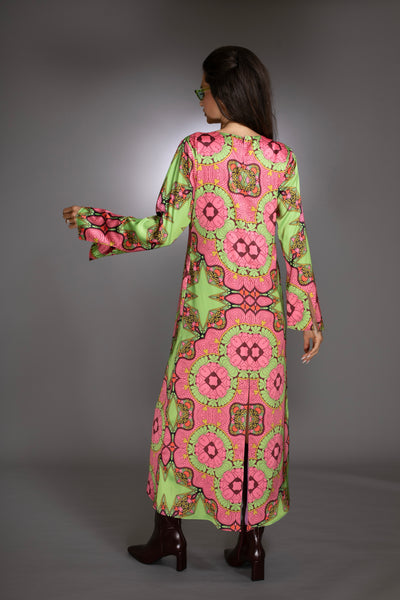 Pink Floral Long Sleeve Satin Maxi Dress
