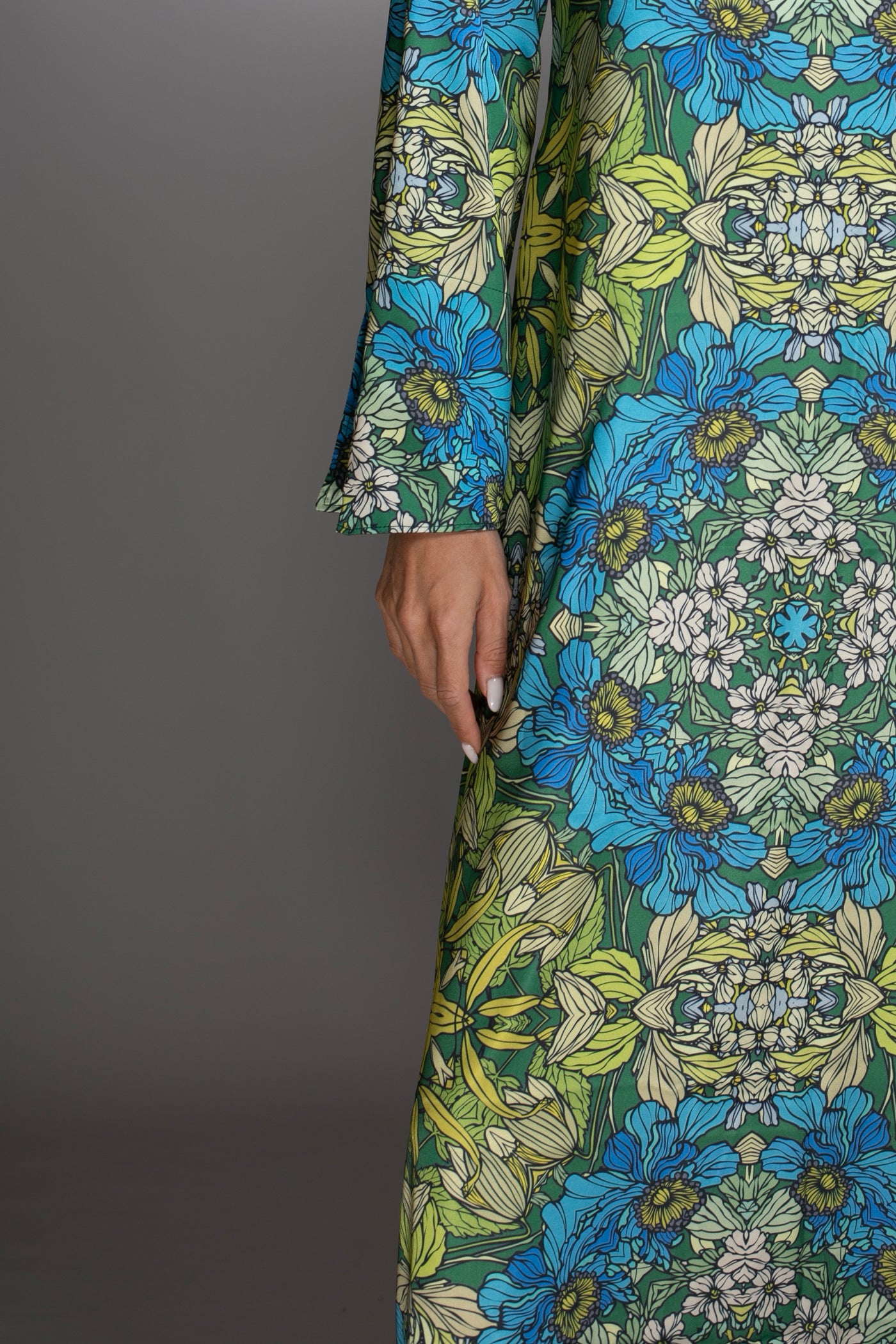 Blue Garden Long Sleeve Satin Maxi Dress