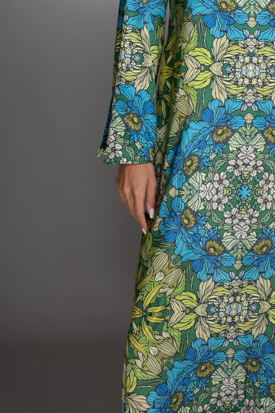 Blue Garden Long Sleeve Satin Maxi Dress