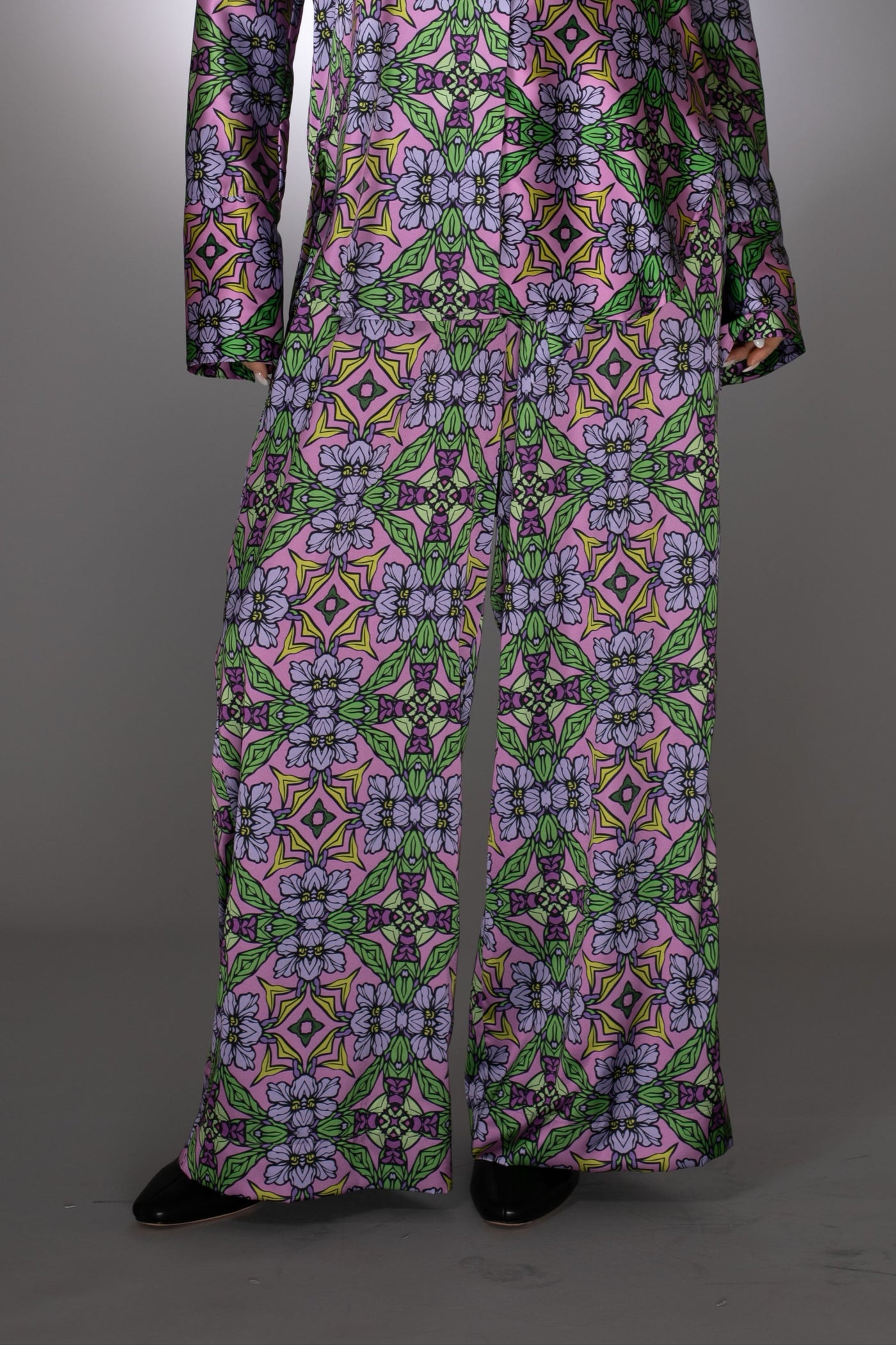 Floral Purple Stretch Satin Drawstring Pants