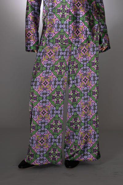 Floral Purple Stretch Satin Drawstring Pants