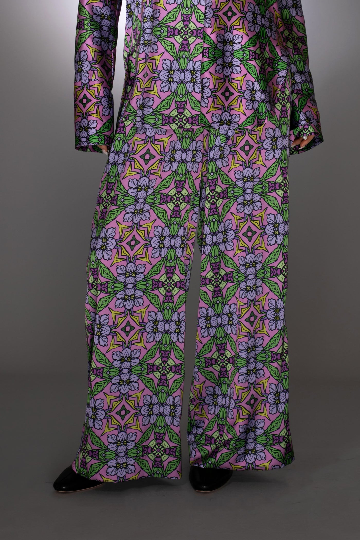 Floral Purple Stretch Satin Drawstring Pants