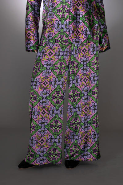 Floral Purple Stretch Satin Drawstring Pants
