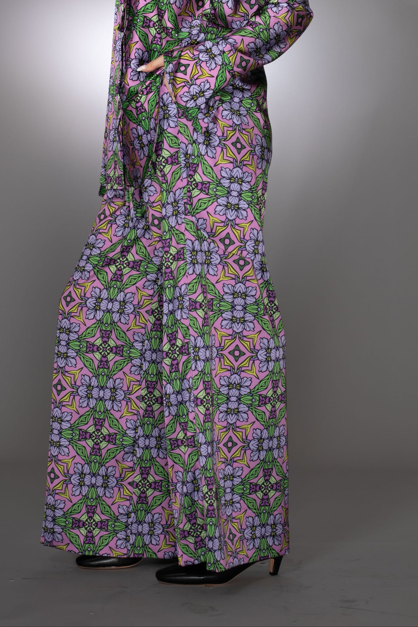 Floral Purple Stretch Satin Drawstring Pants