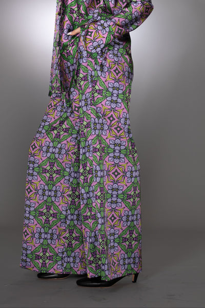 Floral Purple Stretch Satin Drawstring Pants