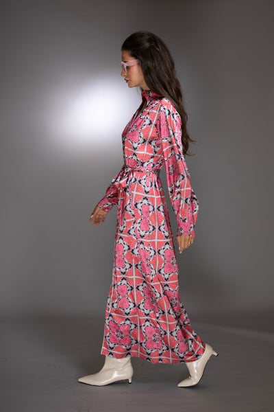 Long Sleeve Pink Satin Caftan Maxi Dress