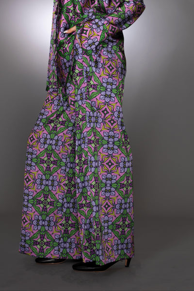 Floral Purple Stretch Satin Drawstring Pants