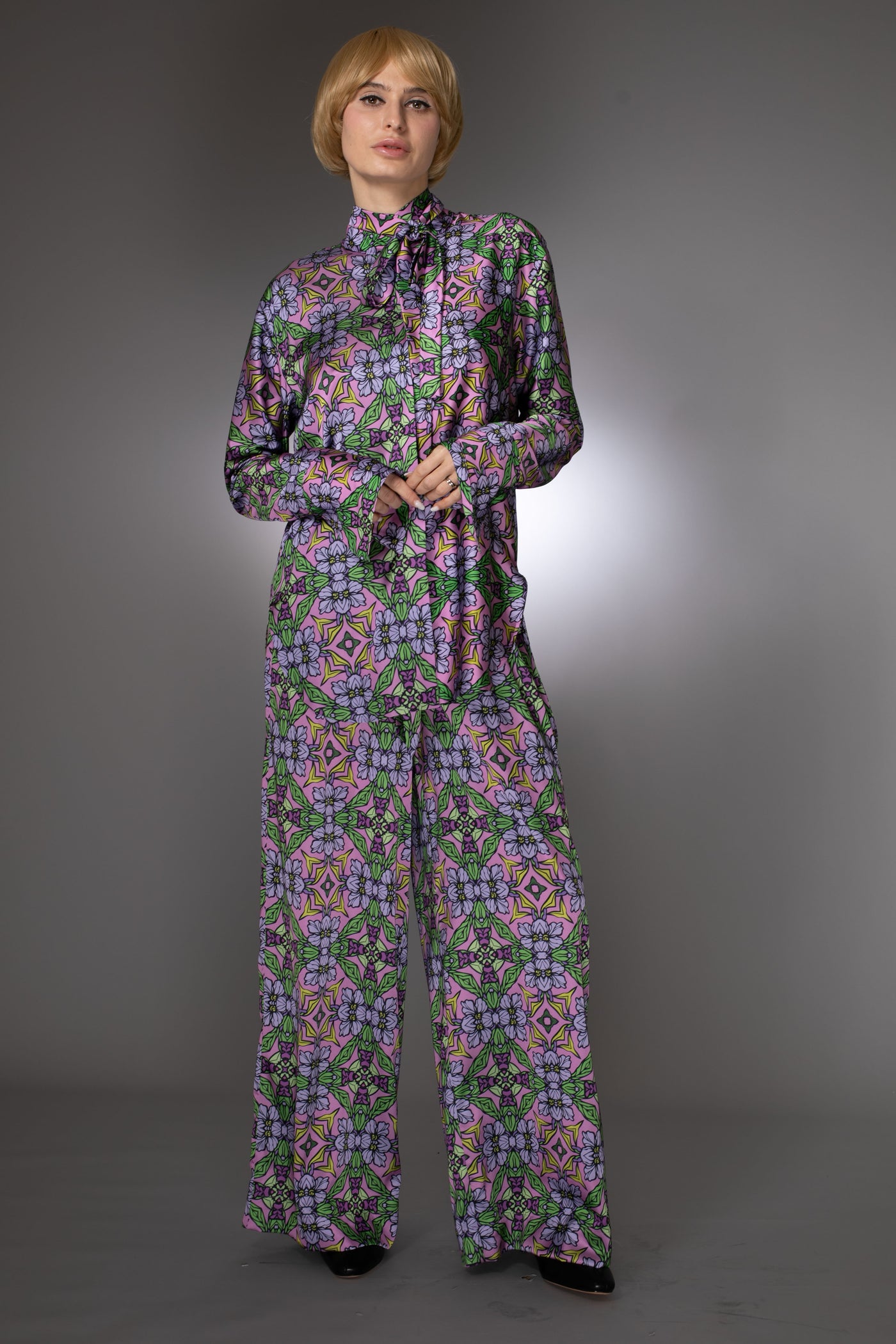 Floral Purple Stretch Satin Drawstring Pants